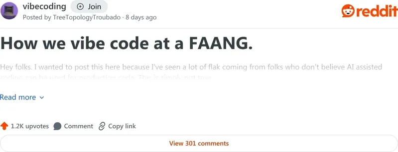 Reddit post screenshot about vibe coding at a FAANG company